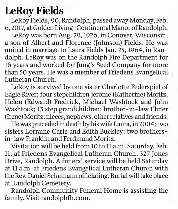 Obituary for Le Roy Fields, 1926-2017 (Aged 90)